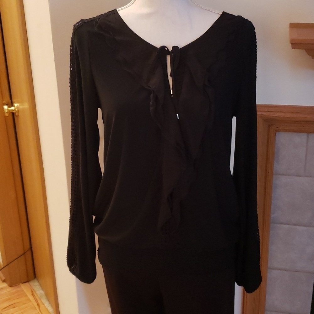 WHBM Long sleeve smocked flounce top